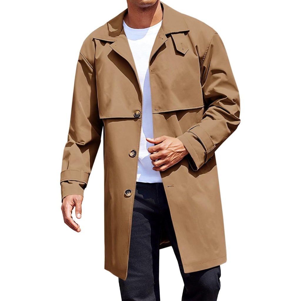Men Brown Mid Long Trench Coat Single Breasted Slim Fit Casual Fall Jackets